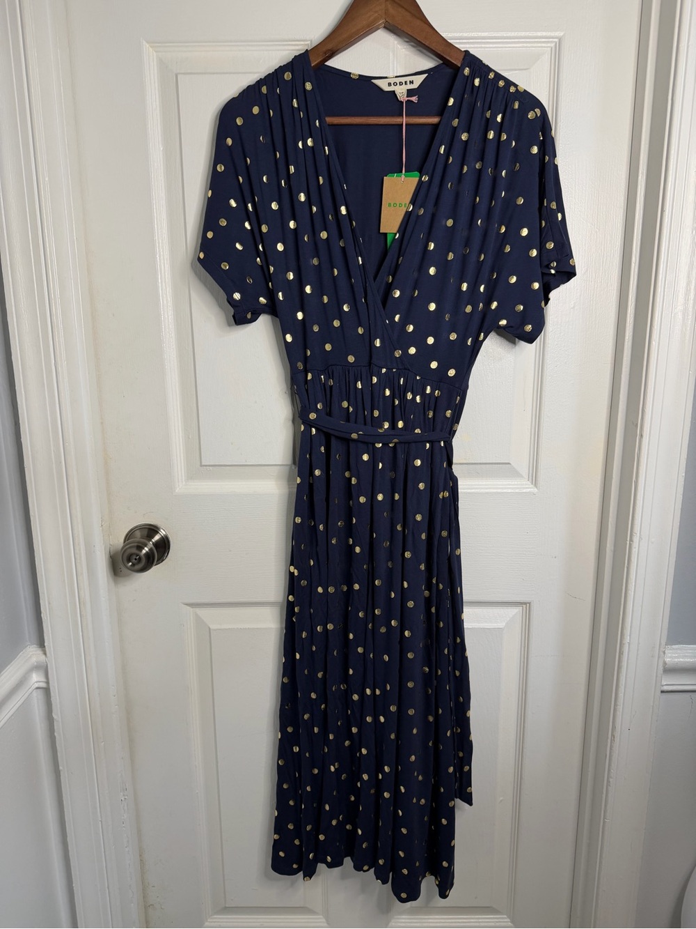 Boden Kimono Faux Wrap Dress 4P Navy Gold Polka Dot Flutter Sleeve Maxi